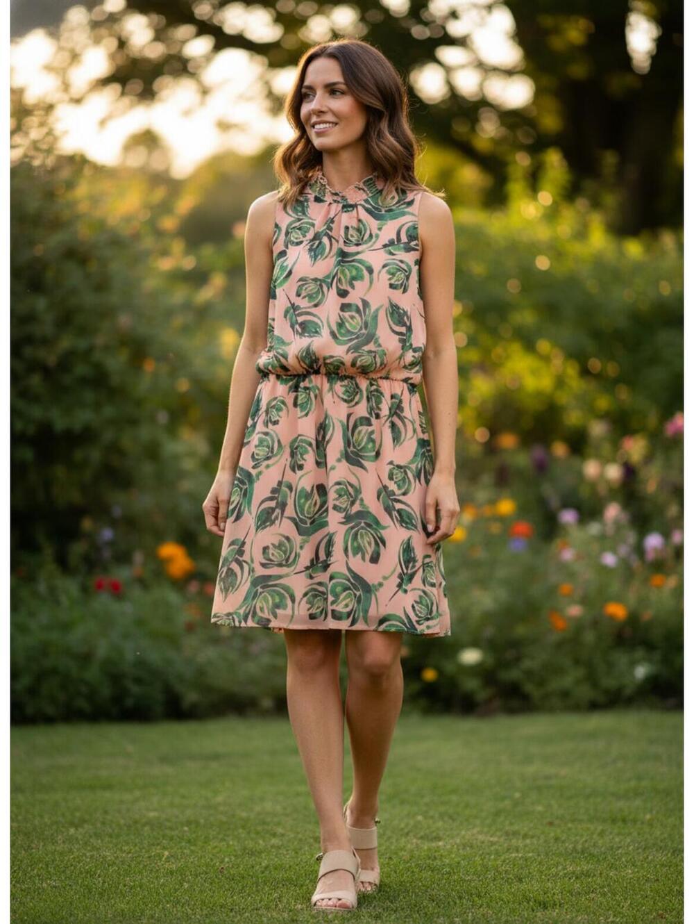 Everly Pink Floral Wedding Guest Shower Ruffled Neck Chiffon Dress Size Large